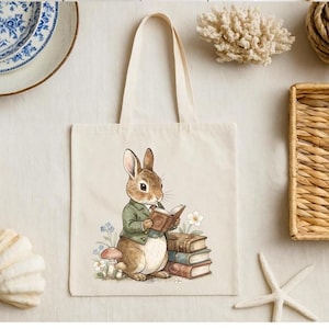 Book Lover Canvas Tote | Cottagecore Rabbit Reading Bag | Vintage Storybook Tote | Library Book Tote