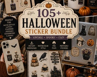 105+ Halloween Stickers PNG Sticker Sheet | Vintage Watercolor Halloween Art | Ghost Witch Pumpkin Printable Stickers | Digital Download
