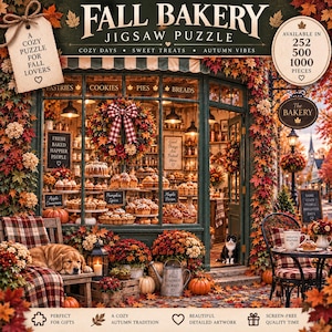 May include: A Fall Bakery jigsaw puzzle box featuring a storefront decorated with autumn leaves, pumpkins, and flowers. The image displays a golden retriever, a cat, pastries, and signs reading Fall Bakery, Fresh Baked Happier People, and The Bakery.