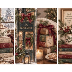Puede incluir: Cuatro marcap&aacute;ginas verticales con escenas navide&ntilde;as. Uno muestra una taza sobre libros con gafas, otro una librer&iacute;a, otro una pila de libros con una vela y una galleta, y otro una jarra de flores sobre libros con el texto Same Books Brighter Days.