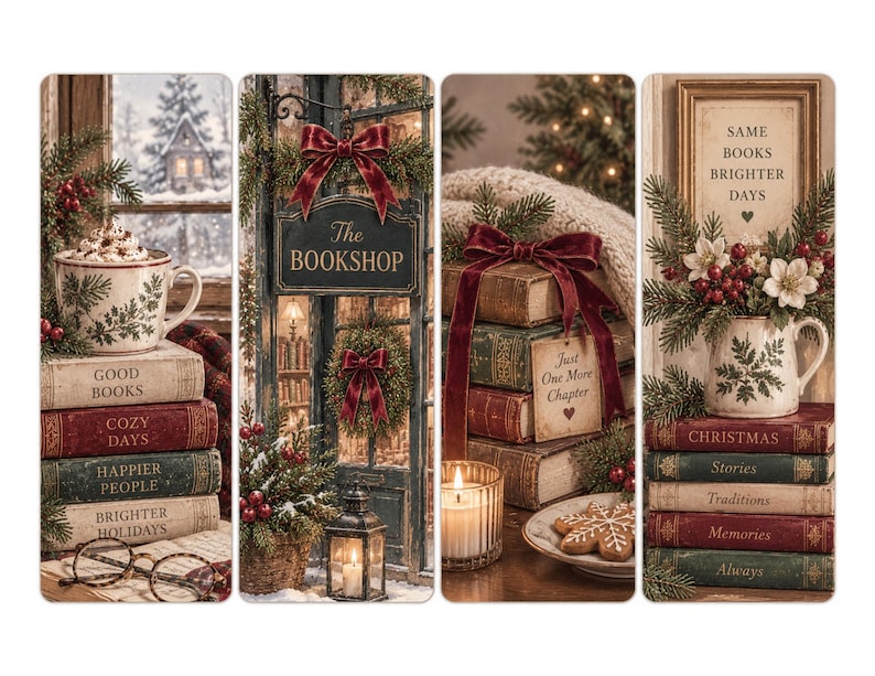 Puede incluir: Cuatro marcap&aacute;ginas verticales con escenas navide&ntilde;as. Uno muestra una taza sobre libros con gafas, otro una librer&iacute;a, otro una pila de libros con una vela y una galleta, y otro una jarra de flores sobre libros con el texto Same Books Brighter Days.