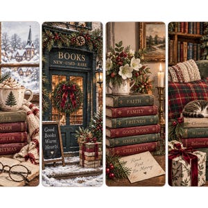 Puede incluir: Un conjunto de cuatro paneles decorativos con escenas invernales. El primero muestra una taza sobre libros con el texto A BIGGER KINDER BRIGHTER CHRISTMAS. El segundo muestra una librer&iacute;a con BOOKS NEW USED RARE y GOOD BOOKS WARM HEARTS. El tercero presenta libros titulados FAITH FAMILY FRIENDS GOOD BOOKS SIMPLE JOYS CHRISTMAS y una nota que dice Read Rest Be Merry. El cuarto muestra un gato sobre libros Christmas Tales Winter Stories Beloved Classics.
