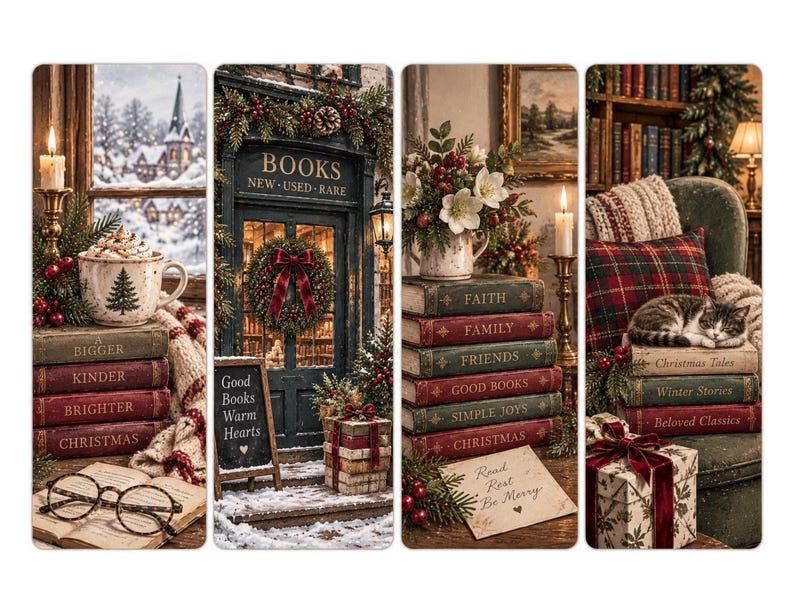 Puede incluir: Un conjunto de cuatro paneles decorativos con escenas invernales. El primero muestra una taza sobre libros con el texto A BIGGER KINDER BRIGHTER CHRISTMAS. El segundo muestra una librer&iacute;a con BOOKS NEW USED RARE y GOOD BOOKS WARM HEARTS. El tercero presenta libros titulados FAITH FAMILY FRIENDS GOOD BOOKS SIMPLE JOYS CHRISTMAS y una nota que dice Read Rest Be Merry. El cuarto muestra un gato sobre libros Christmas Tales Winter Stories Beloved Classics.