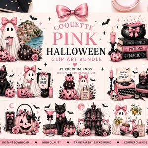 May include: A digital clip art bundle featuring pink and black Halloween illustrations including ghosts with bows, black cats, pumpkins, a haunted house, a typewriter, and stacks of books. The text reads Coquette Pink Halloween Clip Art Bundle.