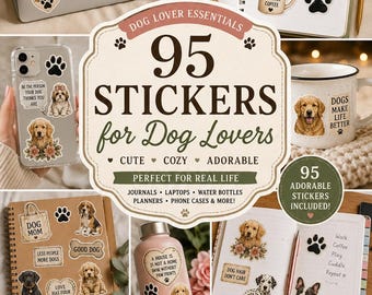 95 Dog Lover Stickers, Cute Dog Sticker Bundle, Puppy PNG Sticker Sheet, Pet Lover Stickers, Printable Planner Stickers, Dog Mom Download