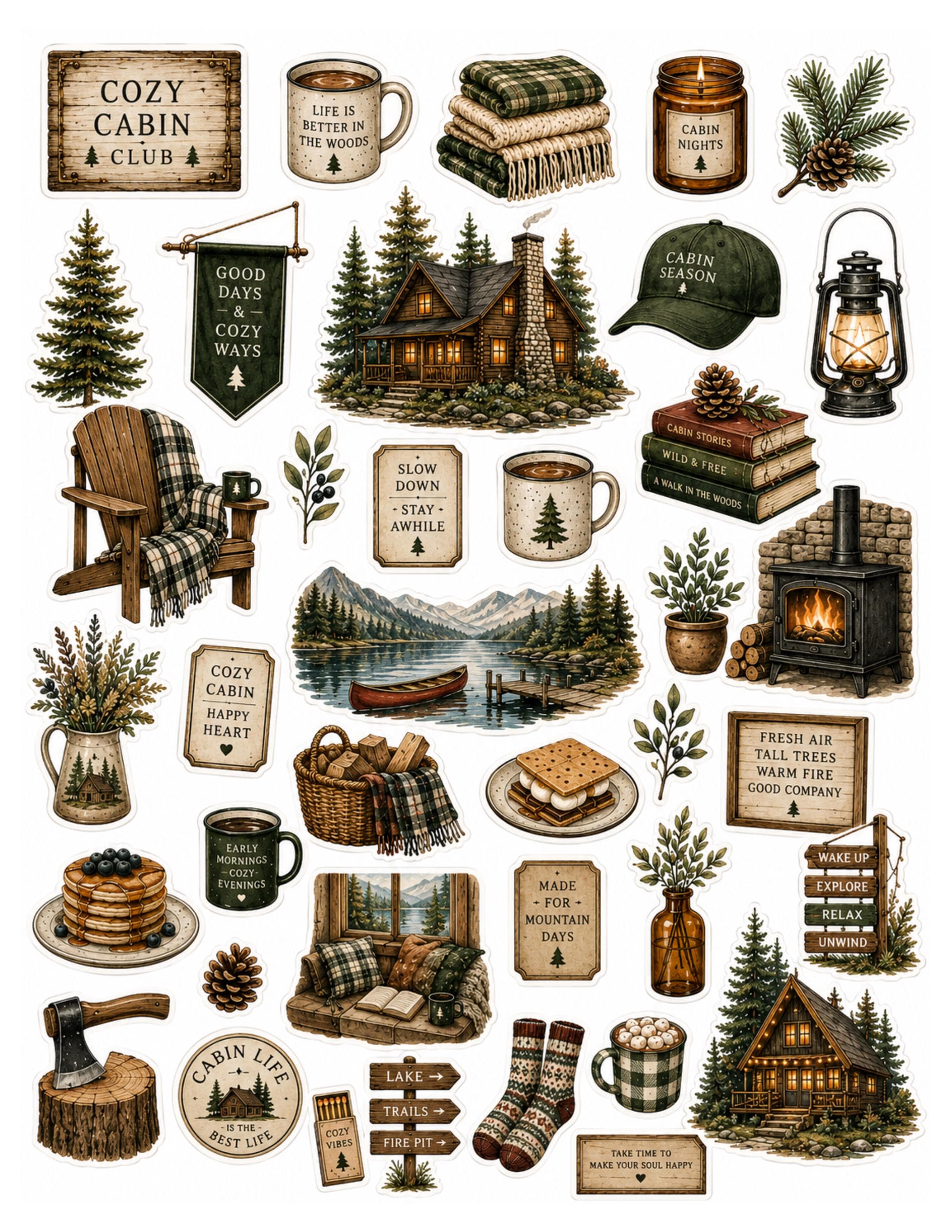 Cozy Cabin Printable Sticker Pack, Woodland Journal Stickers, Rustic ...