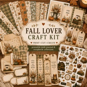 May include: A Fall Lover Craft Kit featuring printable junk journal and scrapbook supplies. The collection includes patterned papers, tags, bookmarks, and stickers with autumn motifs like pumpkins, leaves, mugs, and text such as cozy days.