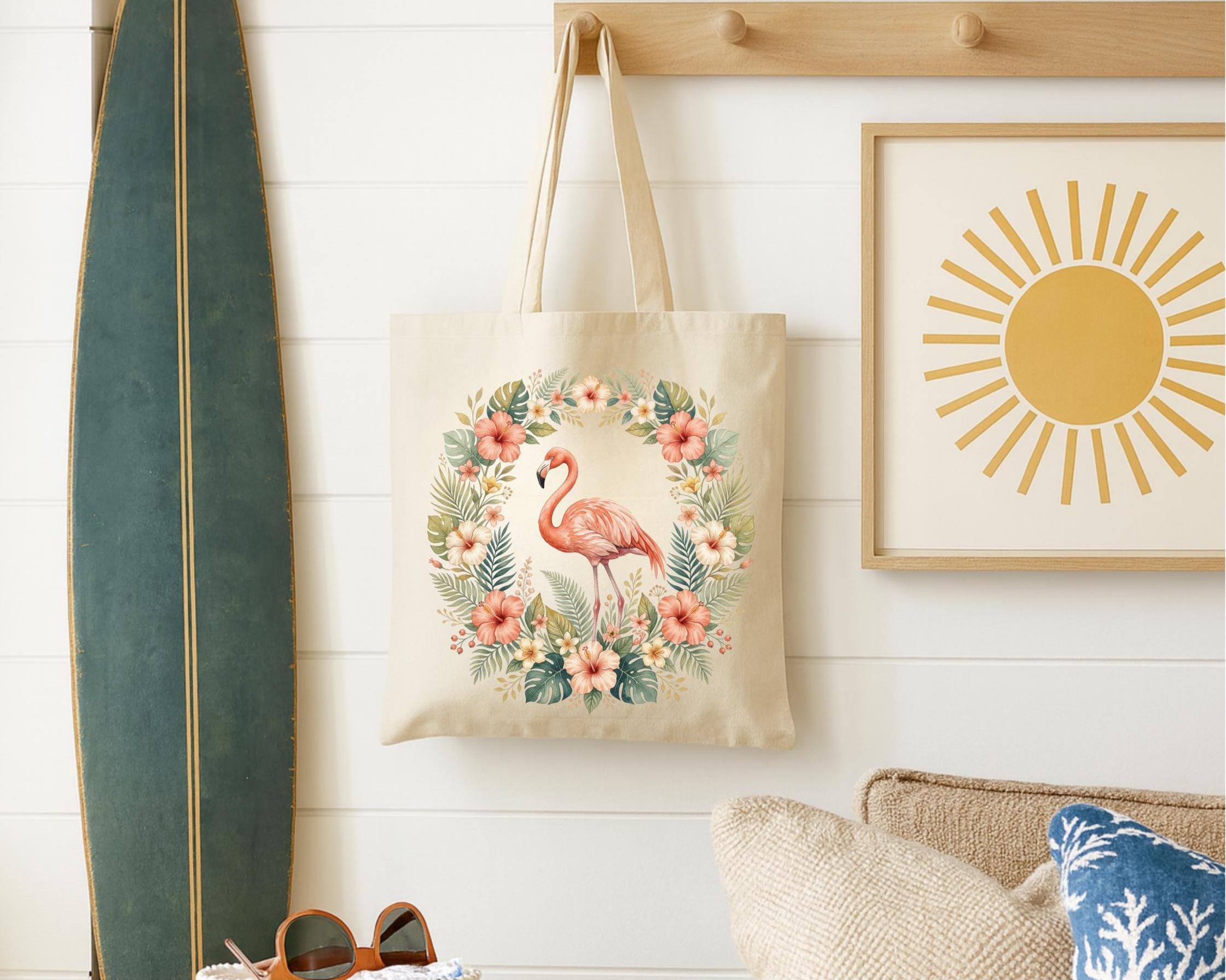 Sac Cabas Tote Bag Femme Flamingo, Toile Imprimée Main, Fond Cuir Vegan Bleu