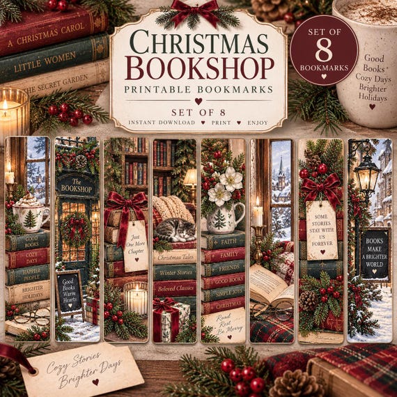 Christmas Bookmarks Printable, Cozy Bookshop Bookmarks, Christmas Book Lover Gift, Holiday Reading Bookmark Set, Instant Download