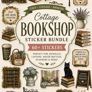 60+ klistermärken med Cottage Bookshop, klistermärkespaket med bokälskare, mysig läsning PNG, vintage boklig, Cottagecore-journalklistermärken