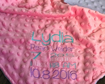 Birth Statistic Blanket (30x36") - Minky and Satin with Embroidered Personalization