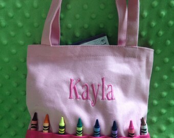 CRAYON TOTE Bag Personalized Toddler or Big Kid Tote WITH Crayon Pocket You choose the Applique
