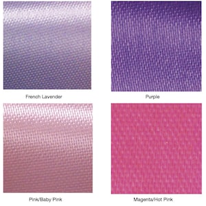 May include: Close-up of four fabric swatches in different colors. The colors are French Lavender, Purple, Pink/Baby Pink, and Magenta/Hot Pink. Each swatch has a smooth, shiny texture. The names of the colors are printed below each swatch.