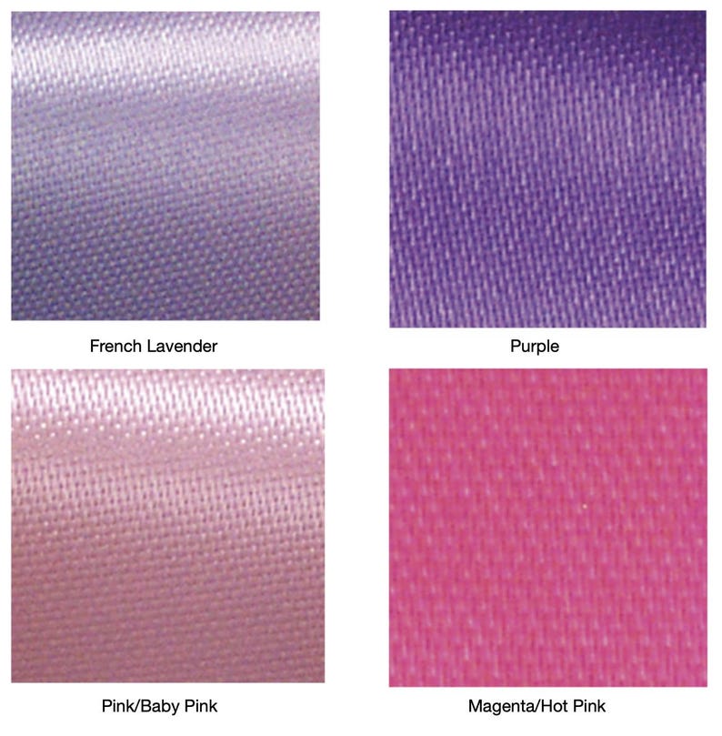 May include: Close-up of four fabric swatches in different colors. The colors are French Lavender, Purple, Pink/Baby Pink, and Magenta/Hot Pink. Each swatch has a smooth, shiny texture. The names of the colors are printed below each swatch.