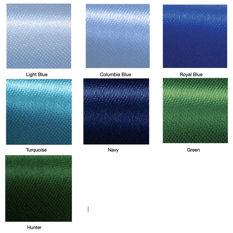 May include: A collection of fabric swatches in various shades of blue and green. Colors include light blue, Columbia blue, royal blue, turquoise, navy, green, and hunter green. The fabric has a subtle sheen and a fine weave.