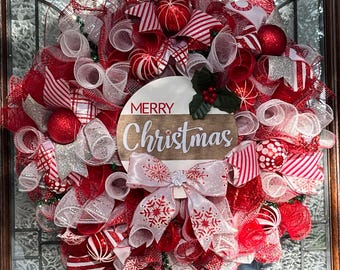 Merry Christmas Red and White Wreath with Ribbons, Ornaments and Holly