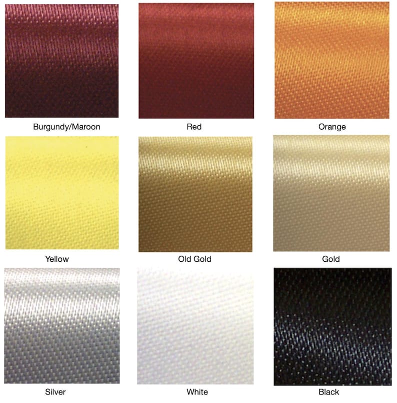 May include: Nine fabric swatches in various colors, including burgundy, red, orange, yellow, old gold, gold, silver, white, and black. Each swatch has a textured, satin-like appearance.