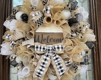 Seasonal/Fall/Winter Wreath with Ribbons, Wooden Sign, White Ornaments and Bows