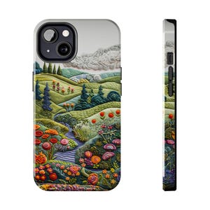 Embroidered Hills iPhone 15 Case - Nature Floral Landscape Phone Cover for iPhone 15 Pro Max, 14 Plus, 13, 12, 11