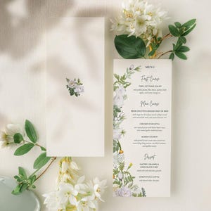 Plantilla de menú de boda con flores blancas, menú floral editable, menú de boda con rosas imprimible, flores color crema, WD001