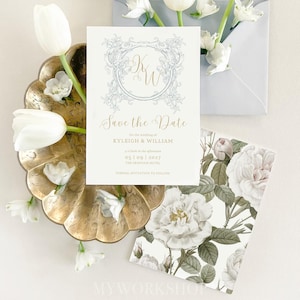 Puede incluir: Tarjeta de Save the Date con un diseño floral y las iniciales "K" y "W" en un círculo dorado. El texto dice "Save the Date para la boda de Kyleigh & William, 05 | 09 | 2027, The Rapoam Hotel, Invitación formal a seguir."
