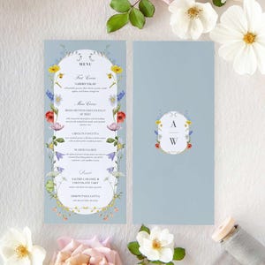 Wild Flower Wedding Menu Template, Editable Floral Menu, Printable Wedding Menu, Watercolor Wild Flowers Dinner Menu, WD003