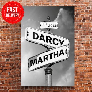 May include: Black and white signpost with the names "Darcy" and "Martha" on separate signs. A smaller sign above reads "EST. 2016". The background is a cloudy sky. The image is a print.