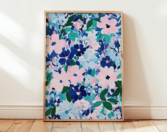 Sunny Abstract Floral Poster Flower - Brushstrokes Vibrant Blue & Pink Wall Art Print Plant - Perfect Home Decor Gift - Different Sizes