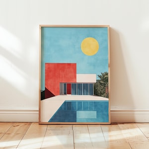 Bauhaus Poster Architecture Blue Sun Pool | Wall Art Print | House Building | Modern Design Living Room - No Frame - Mid Century