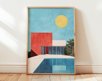 Bauhaus Poster Architecture Blue Sun Pool | Wall Art Print | House Building | Modern Design Living Room - No Frame - Mid Century