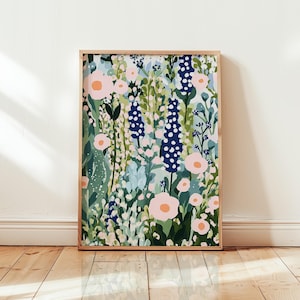 Póster de jardín floral caprichoso: estampado de flores, plantas, rosa pastel y azul, impresión de arte de pared estilo Matisse, regalo para la sala de estar, diferentes tamaños