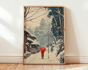 Vintage Kyoto Winter Poster - Japanese Woman in Red Kimono - Retro Umbrella Snow White Cozy Watercolor Art Print - Different Sizes