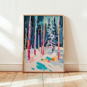 May include: A framed abstract painting of a snowy forest scene with tall, thin trees in shades of blue, pink, and orange. The trees are painted in a loose, expressive style, and the snow is depicted with thick, white strokes.
