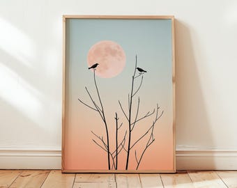 Minimalist Pink Moon Poster - Tranquil Birds & Gradient Sky Nature - Perfect Home Decor - Wall Art Print Artwork - Different Sizes