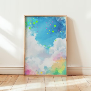 Póster de arte abstracto de ensueño, impresión de arte de pared: cielo azul y nubes de puntos de colores: decoración de habitación infantil, alegría divertida y divertida, diferentes tamaños