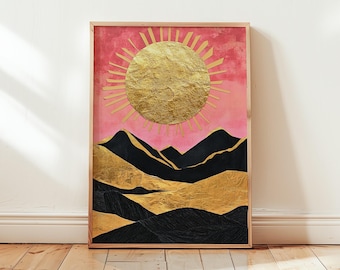 Abstract Mountain Sunrise Poster - Art Deco Minimalist Wall Art Print in Pink & Gold - Sun Black Artwork Calming Decor - Different Sizes