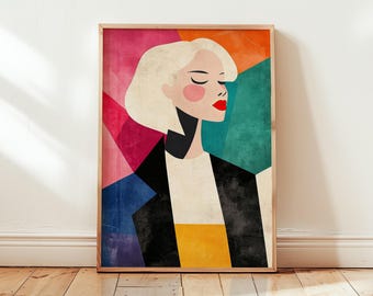 Retro Fashion Poster - Vintage Colorful Beautiful Woman with White Hair - Artwork Stylish Wall Art Print for Home Decor - Different Sizes