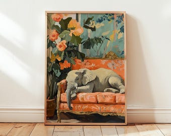 Vintage Elephant Art Poster - Floral Couch & Victorian Wall Art Print Painting Decor Artwork - Relax Sofa Sleep Animal - Different Sizes