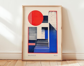 Bauhaus Poster Wall Art Print | Architecture House Building | Blue Red Beige | Living Room Geometric Abstract - No Frame - Exhibition