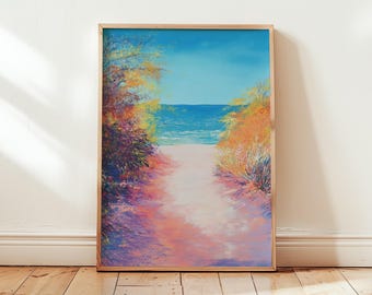 Beach Path Oil Painting Sea Poster | Nature Pastel Coastal Wall Art Print Artwork | Colorful Impressionist Decor - Different Sizes