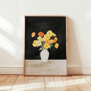 Póster con impresión de amapolas en acuarela, obra de arte floral minimalista para pared, flores de color amarillo brillante y naranja en jarrón, fondo negro