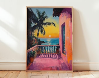 Sunset Balcony Overlooking Sea Poster - Impressionist Oil Painting - Wall Art Print - Henri Matisse inspired - Tropical - Different Sizes