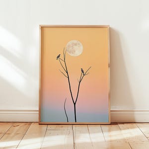Minimalist Bird Poster - Serene Moonlit Scene in Pastel Colors Nature Orange - Artwork Wall Art Eco-Friendly Print - Different Sizes