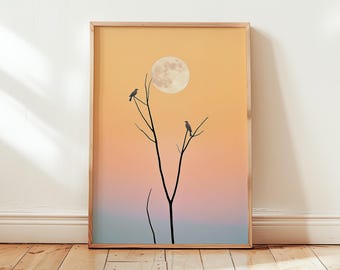 Minimalist Bird Poster - Serene Moonlit Scene in Pastel Colors Nature Orange - Artwork Wall Art Eco-Friendly Print - Different Sizes
