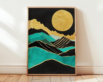 Modern Mountain Sunrise Art Print - Art Deco Geometric Black Turquoise Gold Poster - Living Room Vibrant Wall Art Decor - Different Sizes
