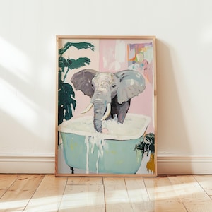Póster de bañera con elefante encantador: pintura al óleo pastel con pinceladas atrevidas: impresión artística de pared, pintura decorativa, obra de arte, diferentes tamaños