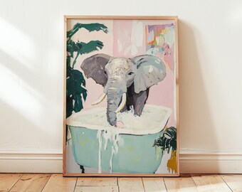 Charming Elephant Bathtub Poster - Pastel Oil Painting with Bold Brush Strokes - Wall Art Print Painting Decor Artwork - Different Sizes
