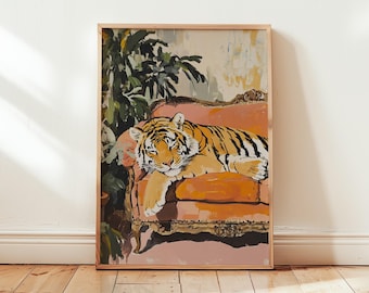 Playful Tiger Poster - Matisse Inspired Art Print - Whimsical Home Decor Colorful Impressionism Sleep Rest Painting - Different Sizes