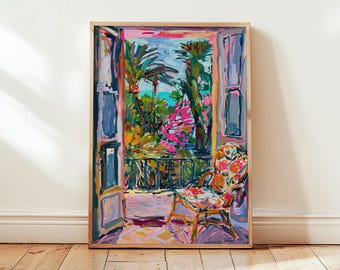 French Riviera Balcony Poster Wall Art Print - Henri Matisse inspired - Open Window Vibrant Impressionist Art - Tropical Summer Decor
