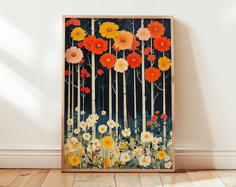 Birch Trees & Wildflowers Poster - Colorful Floral Wall Art Print for Home Decor - inspired by Henri Matisse - Different Sizes